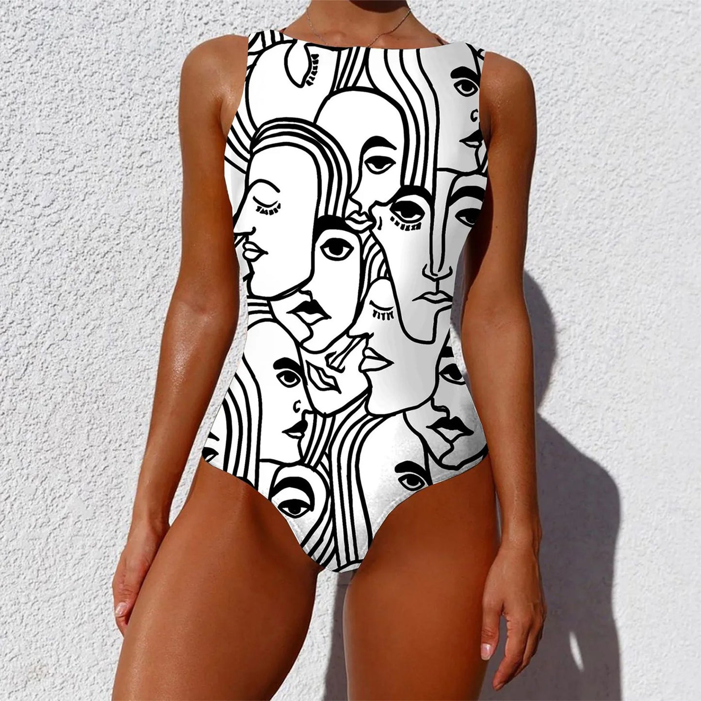 Woman Bikini Backless One Piece Monokini Swimwear Women Abstract Print O-Neck High Wide Straps Swimwears купальник пушап 2023