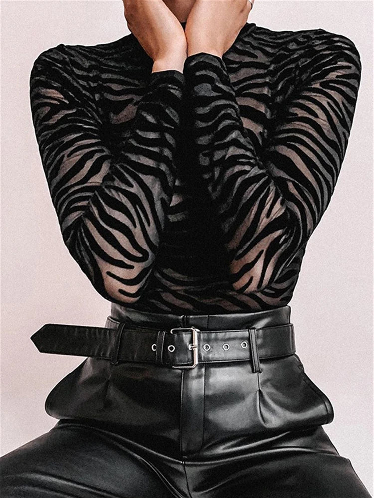 Shestyle Tiger Print Mesh Transparent Bodysuit Women Black Sexy Mock Neck Button Long Sleeve Spring Elastic Punk Body Slim