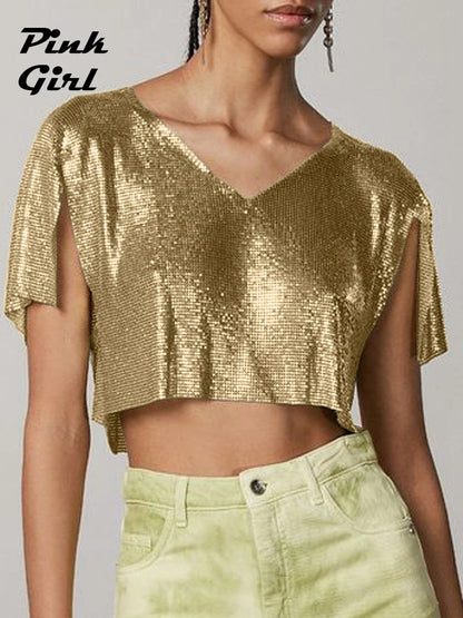 Y2K Women Punk Style Metallic Crop Tops Spice Girl Sexy V-neck Short Tee Female Nightclub Party Rave Outfits Goth Street T-shirt