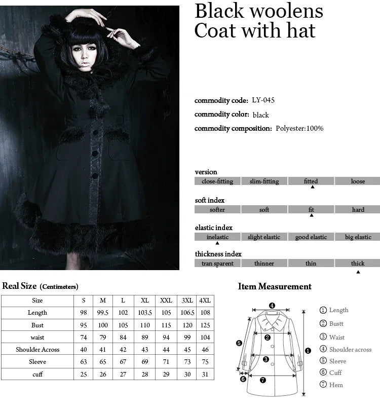 PUNK RAVE Lolita Sweet Women Woolen Red Black Coat Hat Hooded Patchwork  Dress Imitation Rabbit Fur Christmas Overcoat