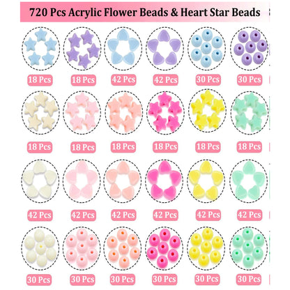 Makaron Acrylic Beads Kit for Jewelry Making DIY Bracelet Necklace Accessories Box 720pcs Heart Bead Star Cute Kid Gift