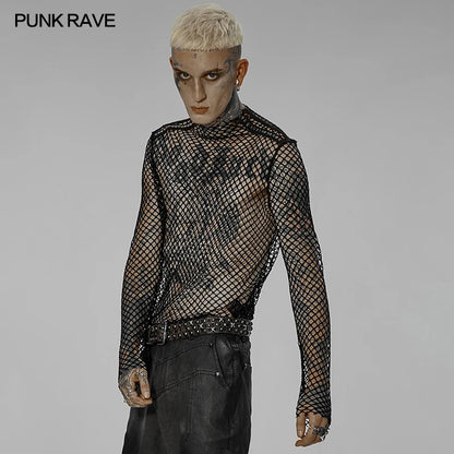 PUNK RAVE Men's Punk Sexy Gauze Rough Edges Slim T-shirt Long Sleeve Black Tops Spring and Summer T Shirts for Men