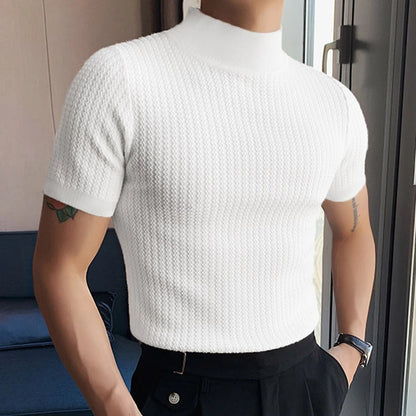 2023 Summer Tight Knited T-shirt Casual Streetwear High-neck Solid Color Short-sleeved Bottoming Tees S-3XL Luxury Clothing