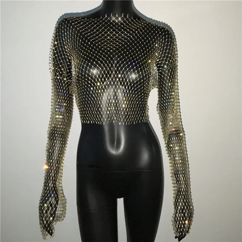 Women Sexy Mesh See Through T Shirt Shiny Rhinestone Fishnet Hollow Out Crop Top Long Sleeve Beach Cover Up Party Club Tank Tops