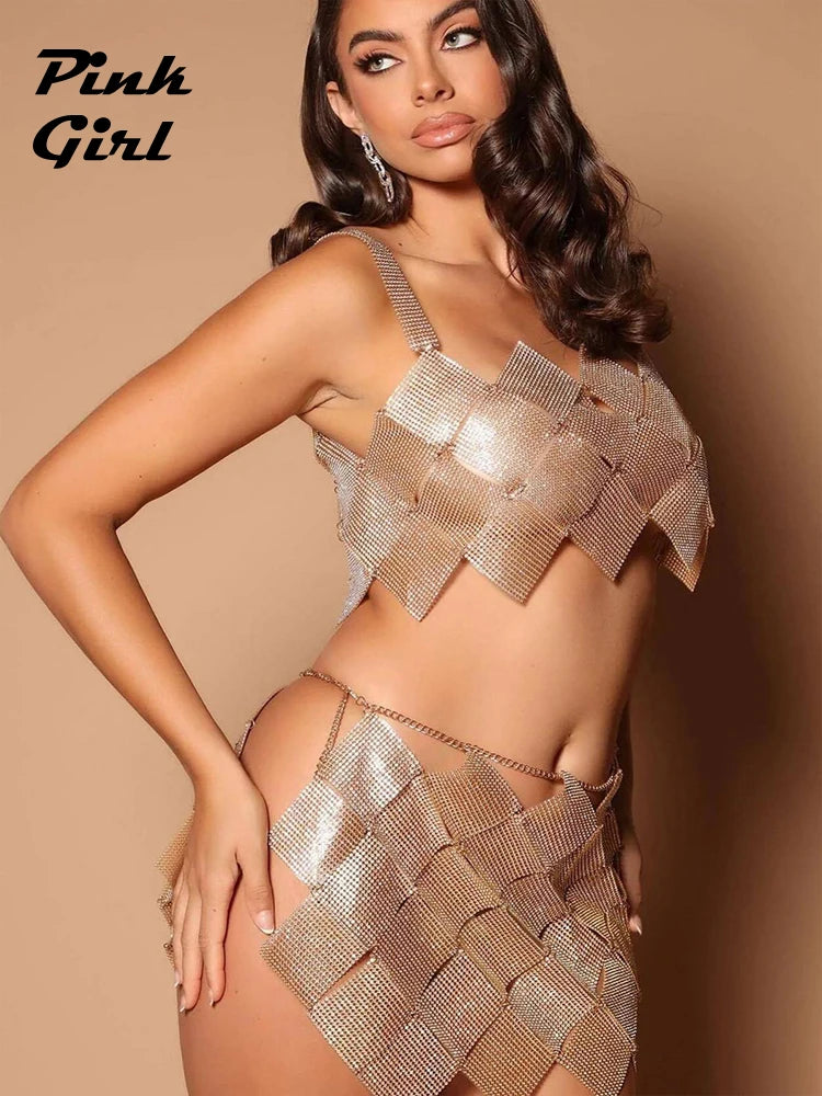 Nouveau Losange À Carreaux Paillettes Épissage Débardeur Wrap Hanche Jupe 2 Pièces Ensemble Femmes Boîte De Nuit Paillettes Strass Tenues Y2K Costume Sexy