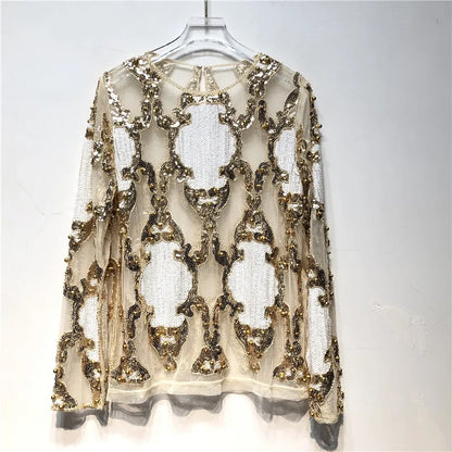 Luxury Women Crystal Sequins Embroidery Top Lace Geometric Heavy Beads Shirts Sexy Blusas Camisa Clubs Hollow Tops