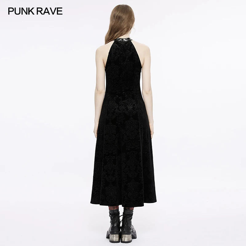 PUNK RAVE Women's Gothic Velvet A-line Sleeveless Long Dress Hollowed Out Diamond Cross Slim Waist High Slit Black