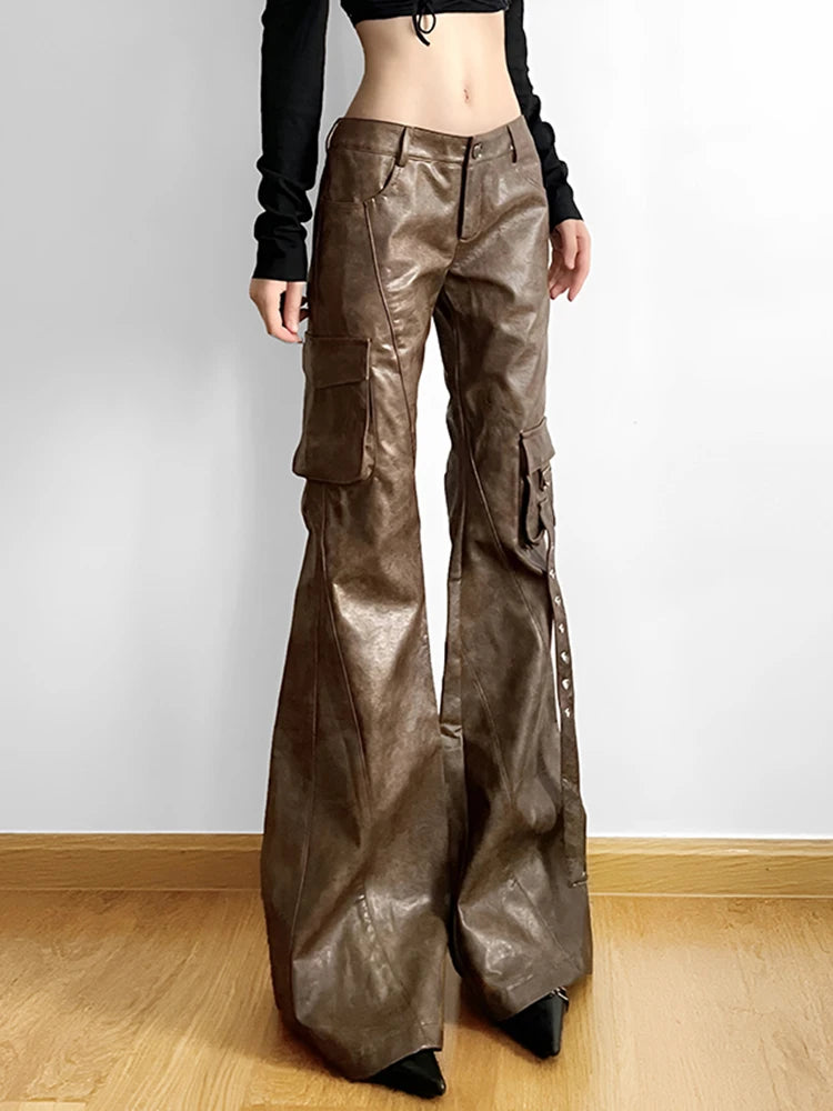 Weekeep Vintage Brown Leather Pants Grunge 2000s Low Rise Pockets Patchwork Baggy PU Cargo Pants Women y2k Streetwear Trousers