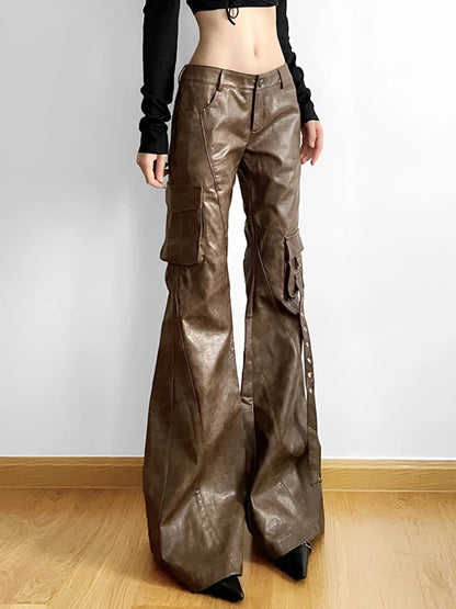 Weekeep Vintage Brown Leather Pants Grunge 2000s Low Rise Pockets Patchwork Baggy PU Cargo Pants Women y2k Streetwear Trousers