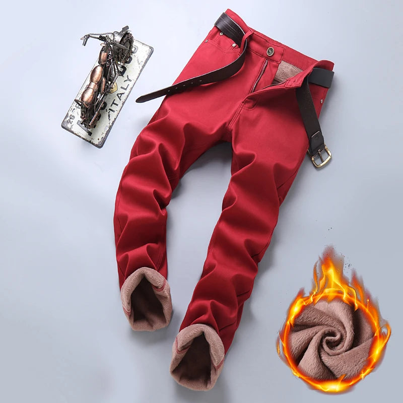 New Autumn Winter Jeans Men's Fleece Business Casual Red  Warm Jeans Stretch Slim Fit Denim Pants Male Brand Thickened Trousers