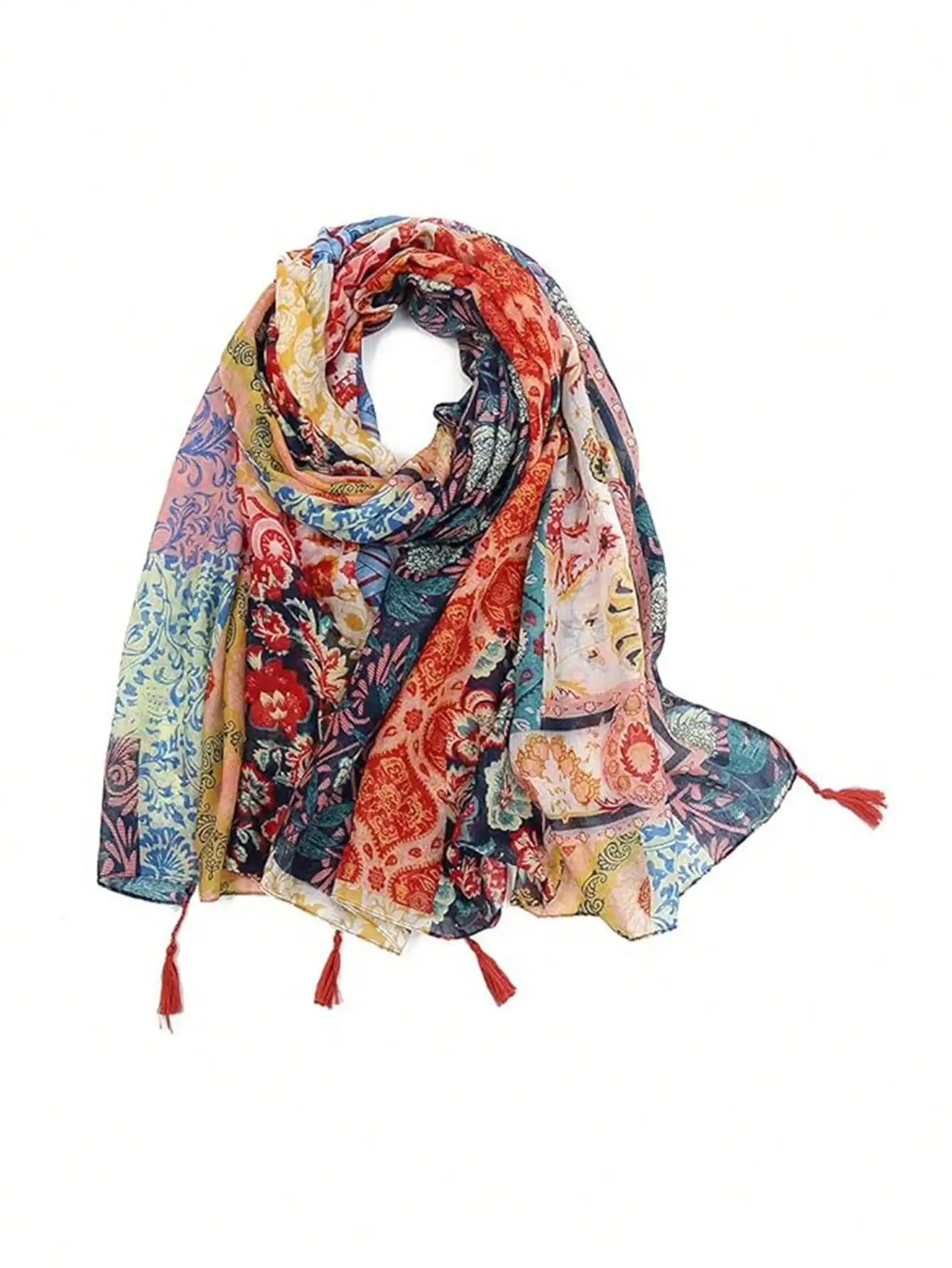 1 piece of women's shawl with Bohemian style scarf, lightweight pure cotton, autumn and winter fashionable floral print tassel s
