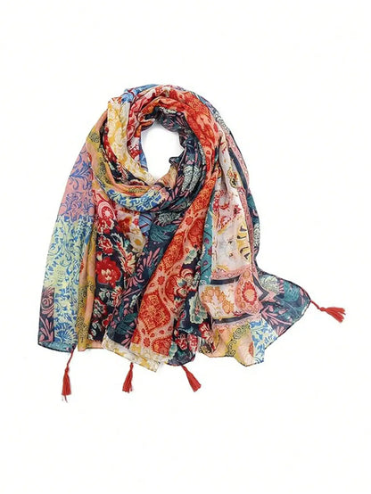 1 pièce de châle pour femme avec écharpe de style bohème, léger en pur coton, pompon imprimé floral à la mode pour l'automne et l'hiver