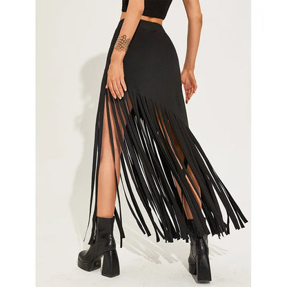 Goth Dark Tassel Punk Style Sexy Women Maxi Skirts Mall Gothic Grunge High Waist Long Skirt With Ring Belt Black Club Streetwear