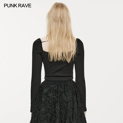 PUNK RAVE Women's Square Neck Gothic Hem Curved Segmentation T-shirt Butterfly Buttons Decoration Black Tops Spring & Autumn