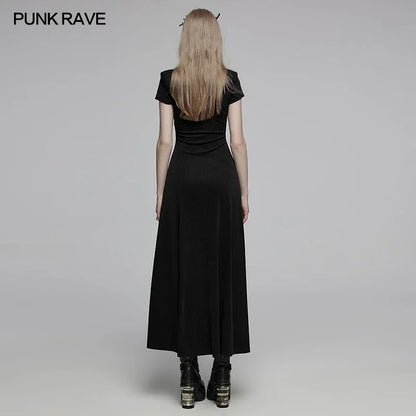 PUNK RAVE femmes gothique quotidien encolure carrée manches courtes une ligne longue robe Structure Segmentation décontracté noir