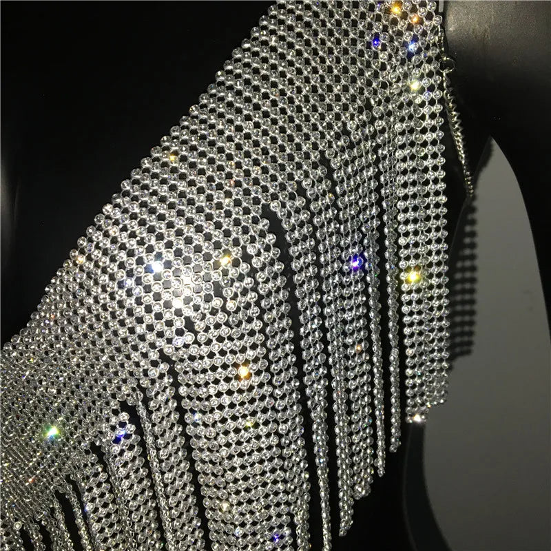 Bling Rhinestones Tassel Party Crop Top Woman Fashion Halter Neck Backless Design Full Diamond Sequins Nightculb Clubwear