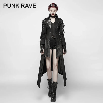 PUNK RAVE Gothic Style Women Vampire Red Punk Studded Heavy Pu Leather Motorcycle Jacket  Fashion Brand Quality Long Coat