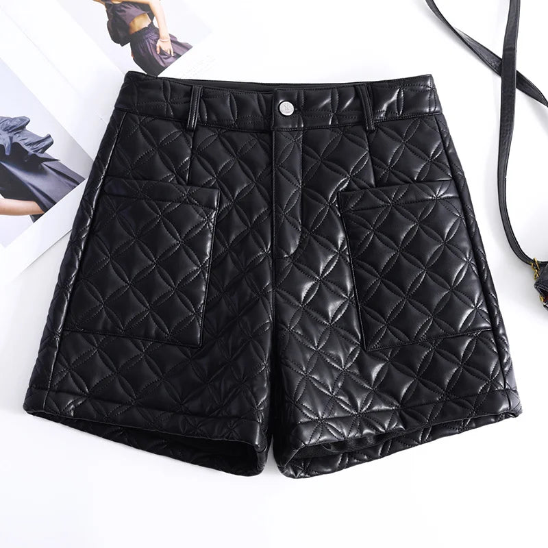 Cotton Thickened High Waist PU Leather Shorts for Women's 2023 Autumn/Winter New Loose A-line Wide Leg Pants Leather Pants