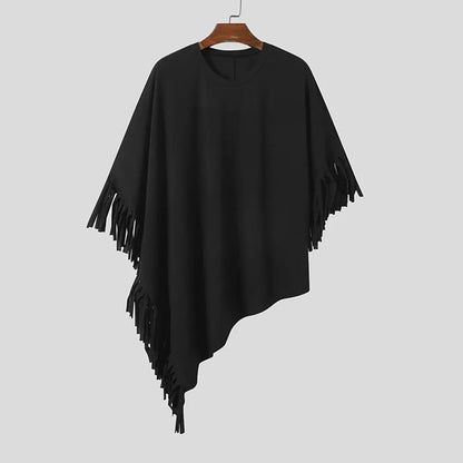 2024 New Men T Shirt Tassel Solid Color Cloak Punk Style Streetwear Fashion Irregular Tops O-neck Loose Casual Cape Camisetas