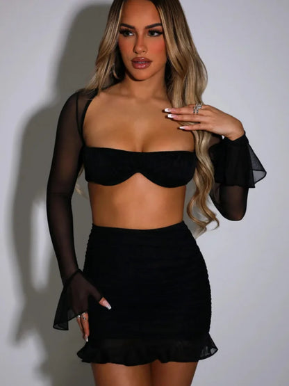 Mozision Mesh Sexy Dress Set Women Strapless Full Sleeve Crop Top And Mini Skirt Matching Sets Female Club Party Two Piece Set