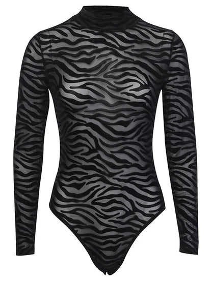 Shestyle-Body transparente de malla con estampado de tigre para mujer, traje negro Sexy con cuello simulado y botones, manga larga, elástico, Punk, ajustado