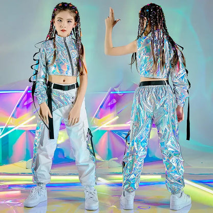 Festival Crop Tops Cargo Pants Catwalk Show Costume PU Hip-Hop Dance Clothes Reflective Rave Outfit Girl Sets Jazz Dancewear