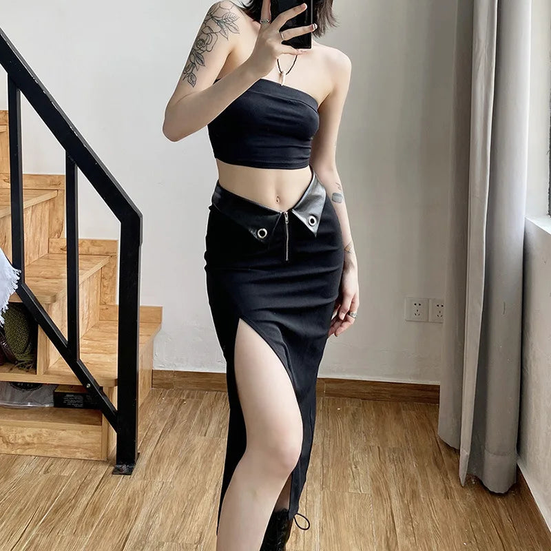 2023 New Black Sexy Irregular Skirts Women Summer Charm Split Long Skirt Slim Party Bodycon Skirt Gray