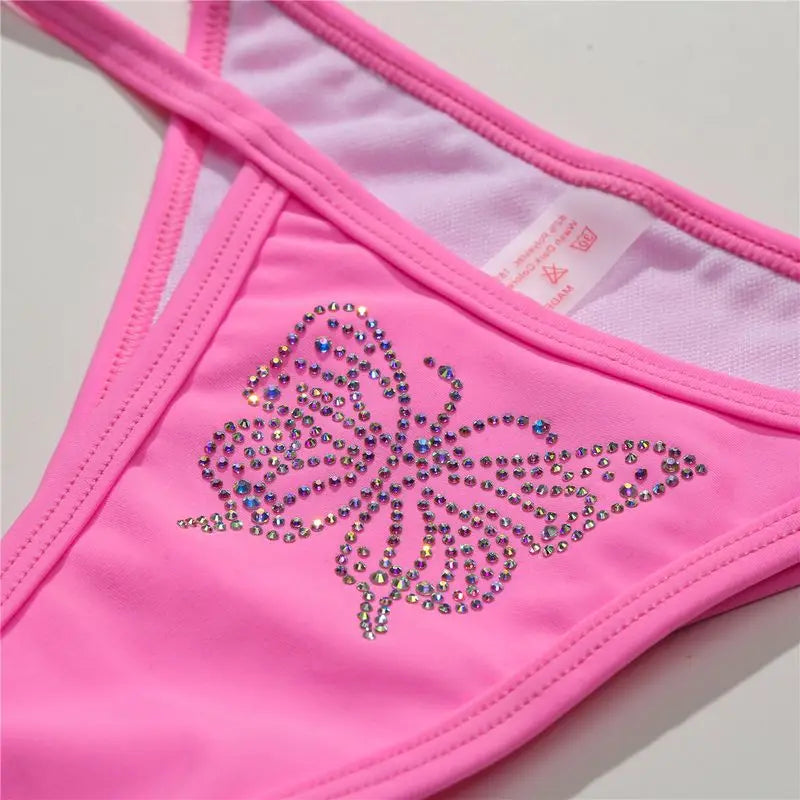 Fashion Butterfly Pattern Rhinestones Bikini 2 Piece Sets Womens Outfits Sexy Lingerie Summer Beachsuit Pool Party Swimwear 2022