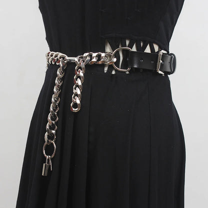 [EAM]  Pu Leather Black Thick Metal Chain Long Wide Belt Personality Women New Fashion Tide All-match Spring Autumn 2024 1DD9566