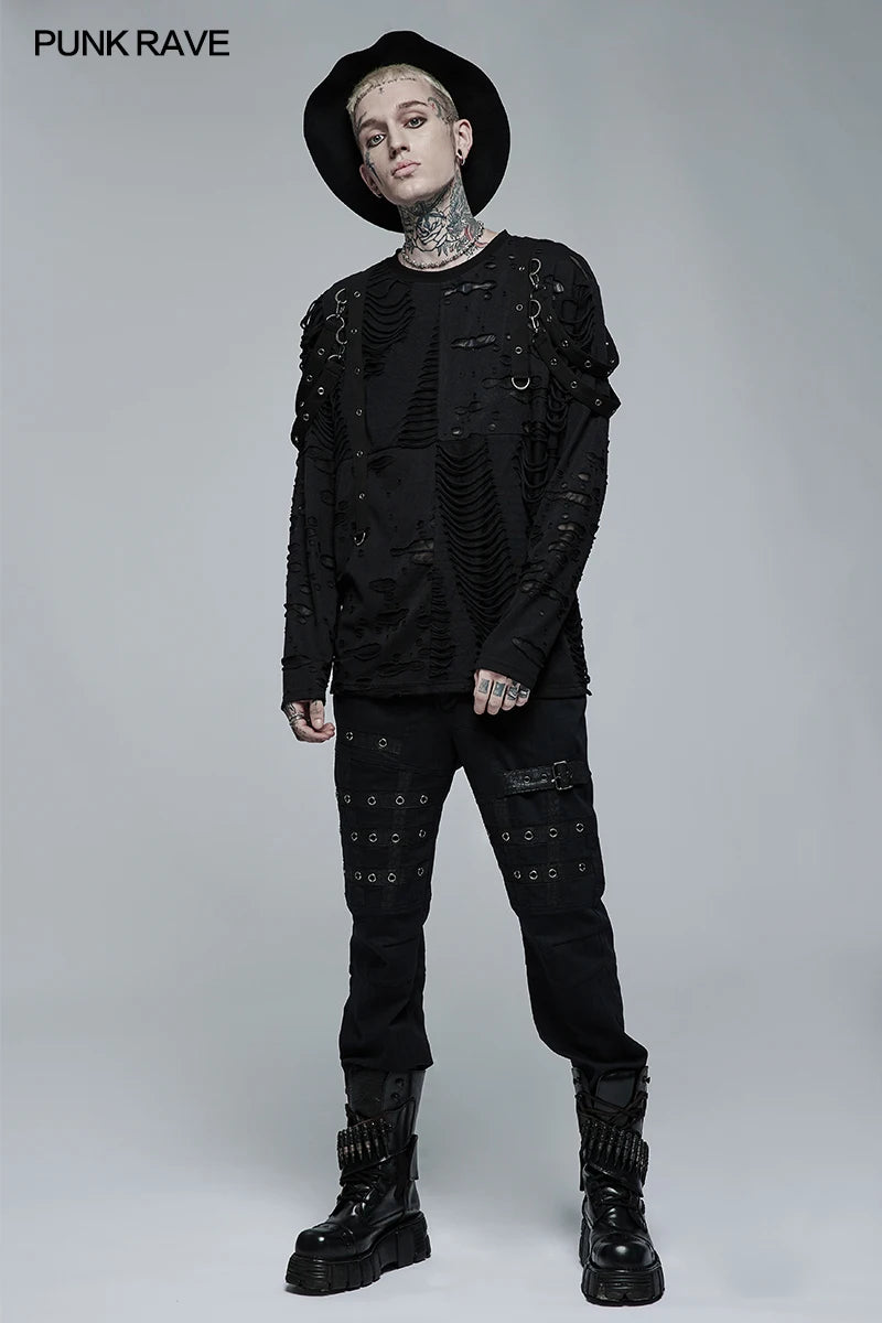 PUNK RAVE Men's Gothic Daily Wear Knited Broken Holes Long Sleeve T-shirt Punk Harajuku Loose Black Tops Spring Autumn