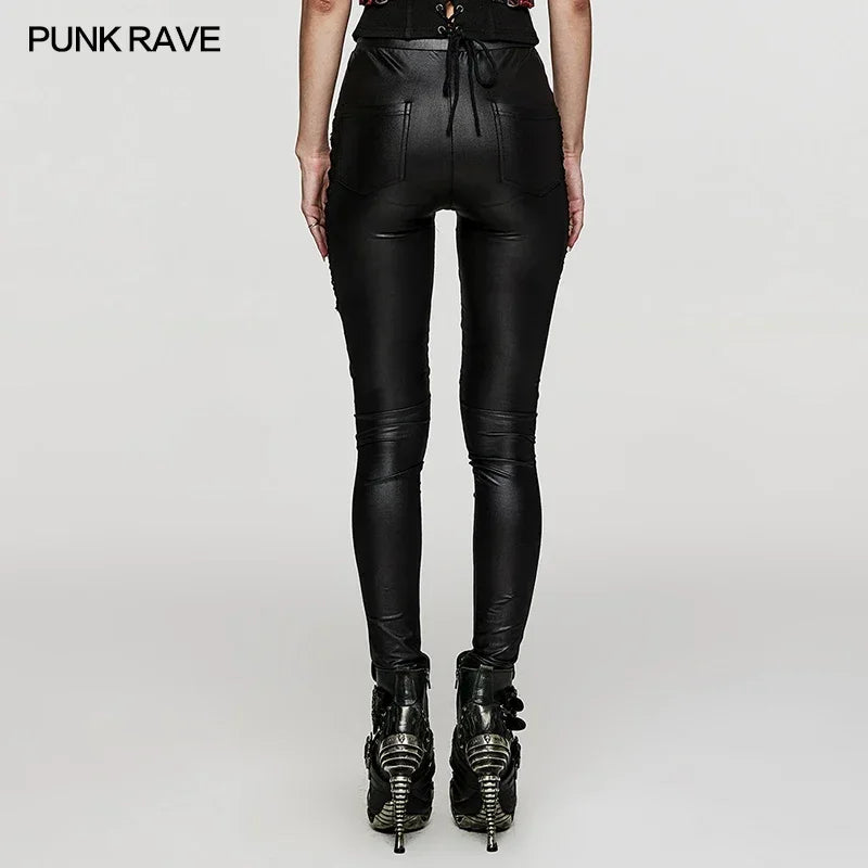 PUNK RAVE Women's Punk Symmetrical Design Slim Fit Black Skinny Pants Elastic Drawstring Streetwear Leggings Women Clothes