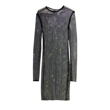 Sidaimi nouvelles femmes cristal diamant Sexy robe moulante évider à manches longues Mini robe femme voir à travers strass robe de soirée