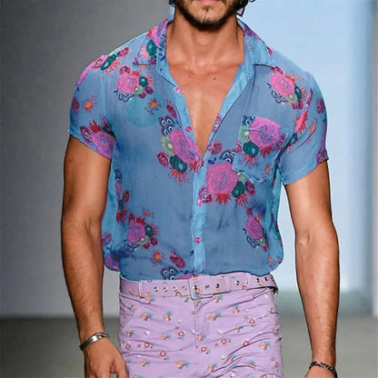 Camisa transparente de encaje Floral transparente para hombre, camisas de vestir sexis transparentes para hombre, pantalón corto informal de manga para fiesta, playa y vacaciones, 2024