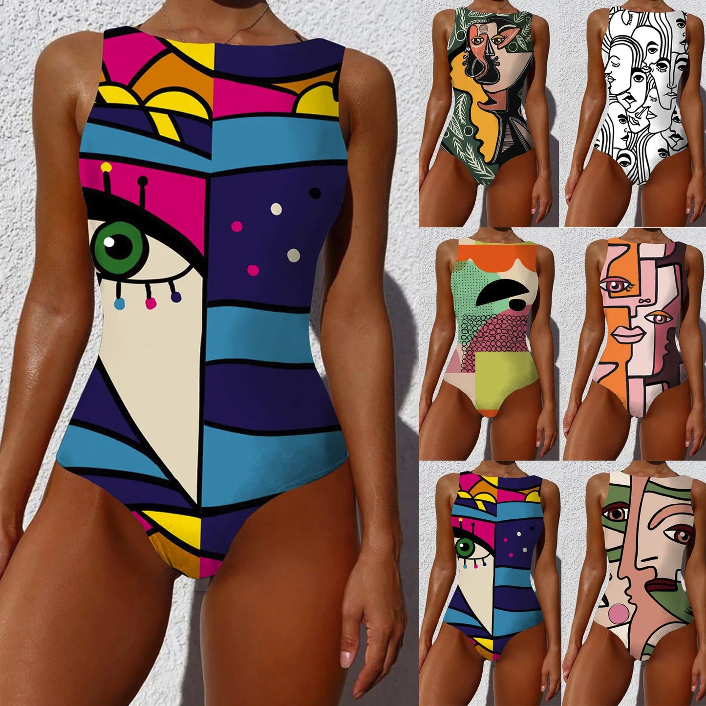 Woman Bikini Backless One Piece Monokini Swimwear Women Abstract Print O-Neck High Wide Straps Swimwears купальник пушап 2023