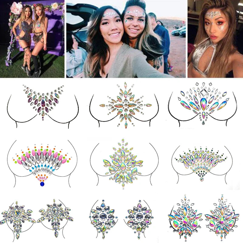 Women 3D Body Rhinestones Chest Acrylic Diamond  Makeup Tattoo Sticker Face Jewels Self Adhesive Music Festival Decor DIY Beauty