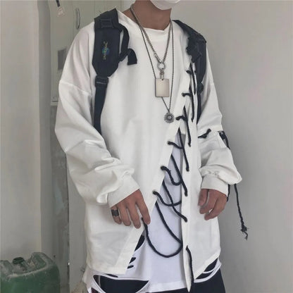 2024 New Mans Japanese Fashion Men's Street Style Lace Hoodie Punk Loose Fit Pullover Designer Colorful Hip Hop Sweatshirts