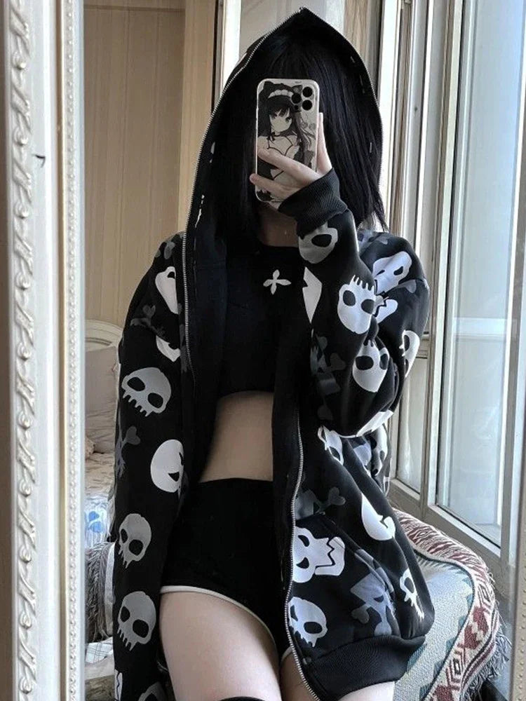 INSCUTEE Harajuku Y2k Skull Sweatshirt Women Dark Gothic Cyber Punk Long Sleeve Zipper Cardigan Hoodie Streetwear Rave Outfits