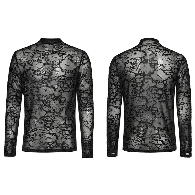 PUNK RAVE Men's Gothic Handsome Slim Perspective Printed Mesh T-shirt Dark Sexy Flocked Casual Tops Streetwear Four Seasons