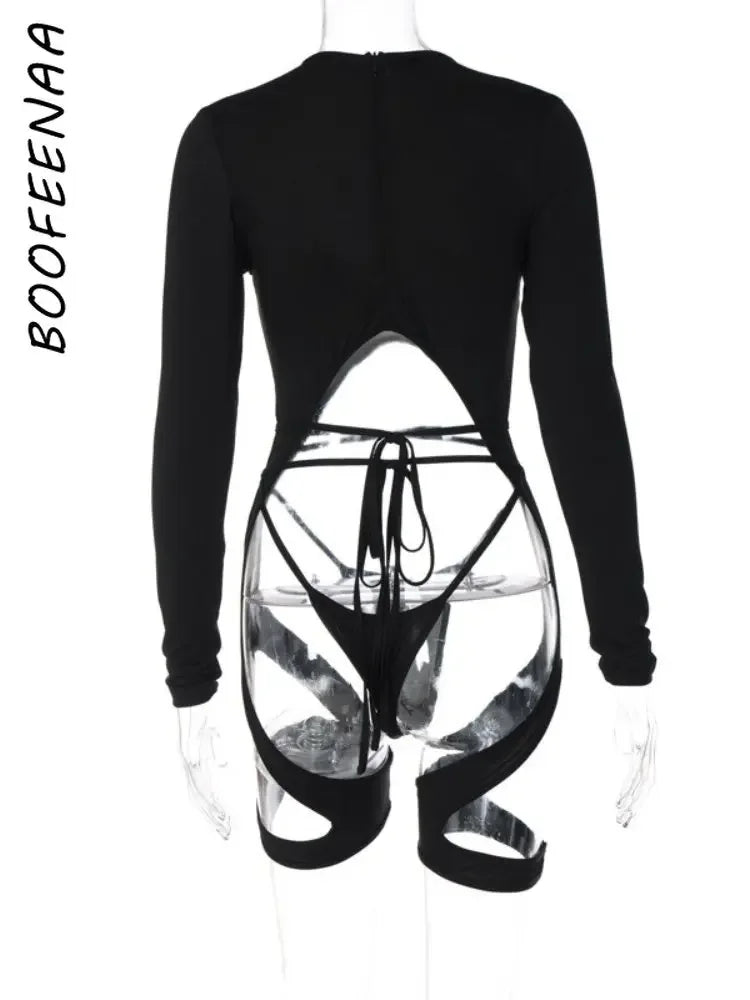 BOOFEENAA Asymétrique Découpé Barboteuse Sexy Combinaison Noire 2023 Mode Femmes Tenue De Club Rave Tenue Festival Vêtements C16-CF22