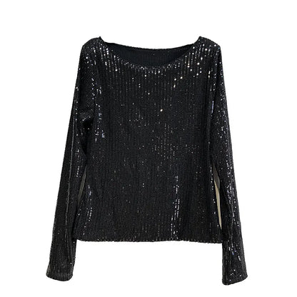 Manches longues femmes basique solide pulls décontractés automne hiver coupe ajustée Bling brillant femmes t-shirts à paillettes