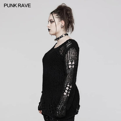 PUNK RAVE Women's Decayed Mohair O-Neck Pullover Sweater Punk Daily Versatile Stripes Mesh Loose Tops