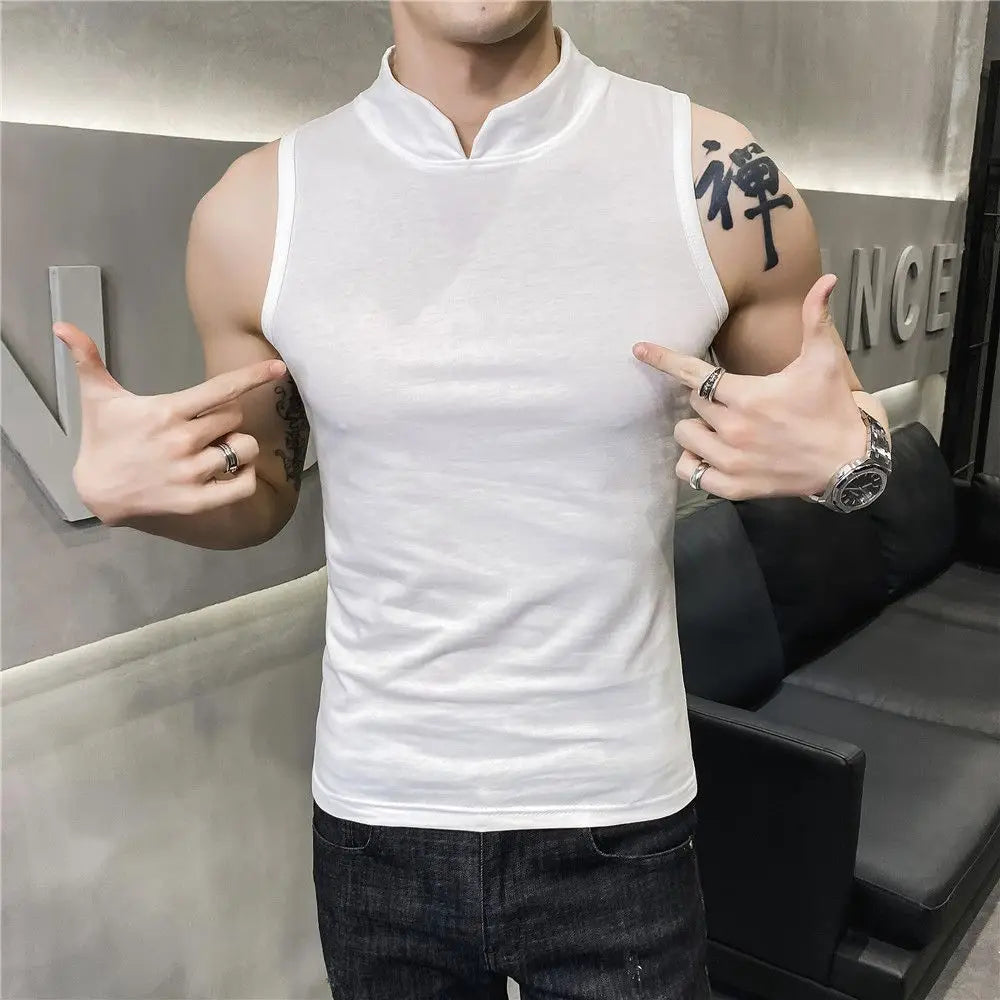 Men's Summer Sexy Vest Small High Collar Breathable Sports Fitness Bottom Undershirt Sexy Slim Fit Tight Sleeveless Top T-Shirt