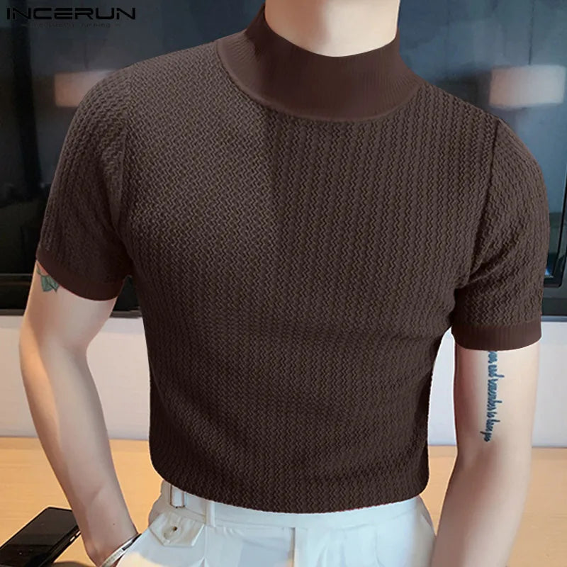 2023 Summer Tight Knited T-shirt Casual Streetwear High-neck Solid Color Short-sleeved Bottoming Tees S-3XL Luxury Clothing