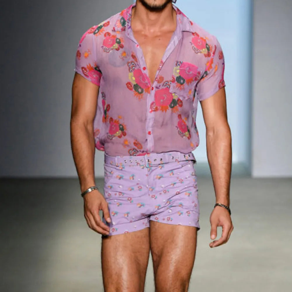 Camisa transparente de encaje Floral transparente para hombre, camisas de vestir sexis transparentes para hombre, pantalón corto informal de manga para fiesta, playa y vacaciones, 2024