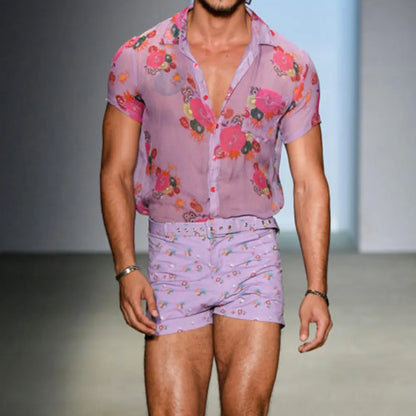 Camisa transparente de encaje Floral transparente para hombre, camisas de vestir sexis transparentes para hombre, pantalón corto informal de manga para fiesta, playa y vacaciones, 2024