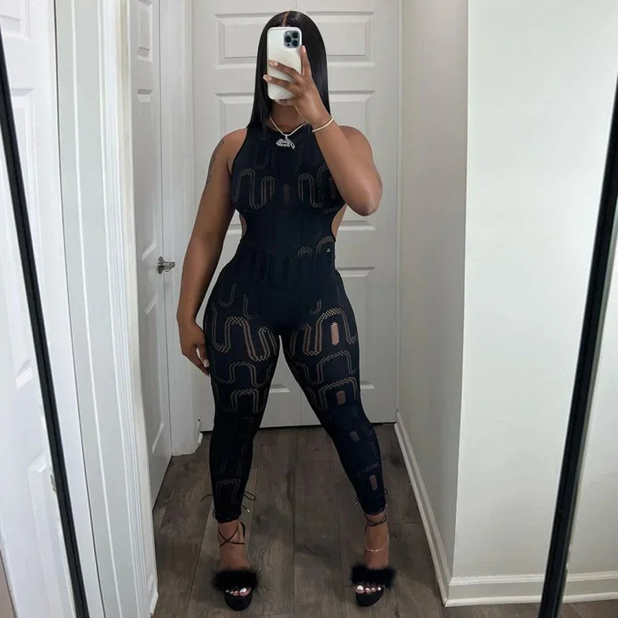 Sexy Hollow Out Women Jumpsuit Half Backless Solid Color Sleeveless Bodysuit for Workout Gym Fitness