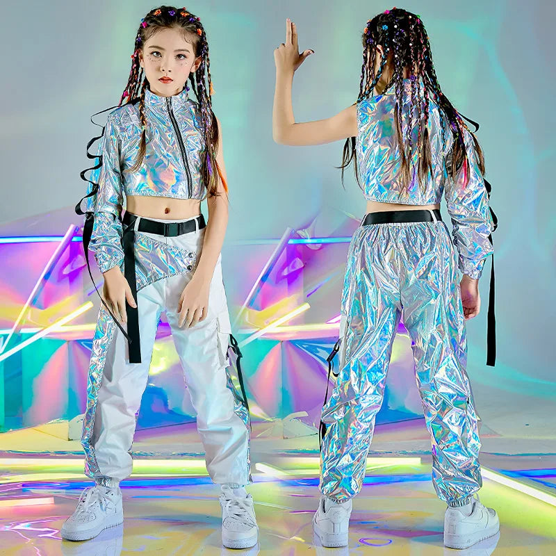 Reflective Rave Outfit Girl Sets Jazz Dancewear Festival Crop Tops Cargo Pants Catwalk Show Costume Hip-Hop Dance Clothes