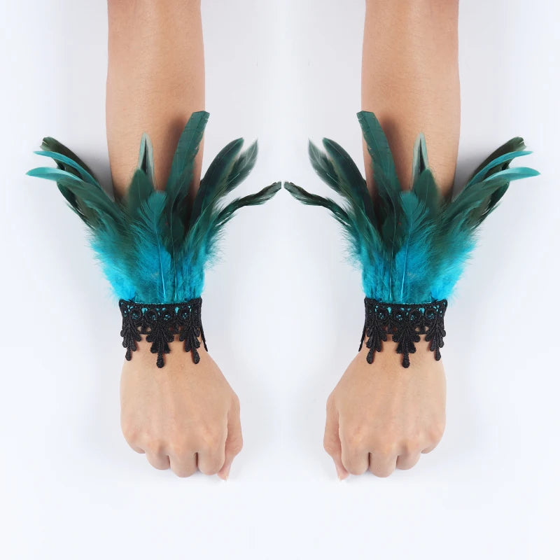 2pcs Lace Feather Wrist Cuffs Black Real Natural Dyed Rooster Feather Arm Warmers Party Cosplay Costume Accessory Feather Gloves