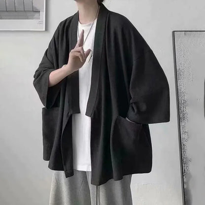 Hommes chemises été trois quarts manches Style japonais rétro poche vêtements d'extérieur ample à lacets respirant chemise mâle Harajuku Hipsters