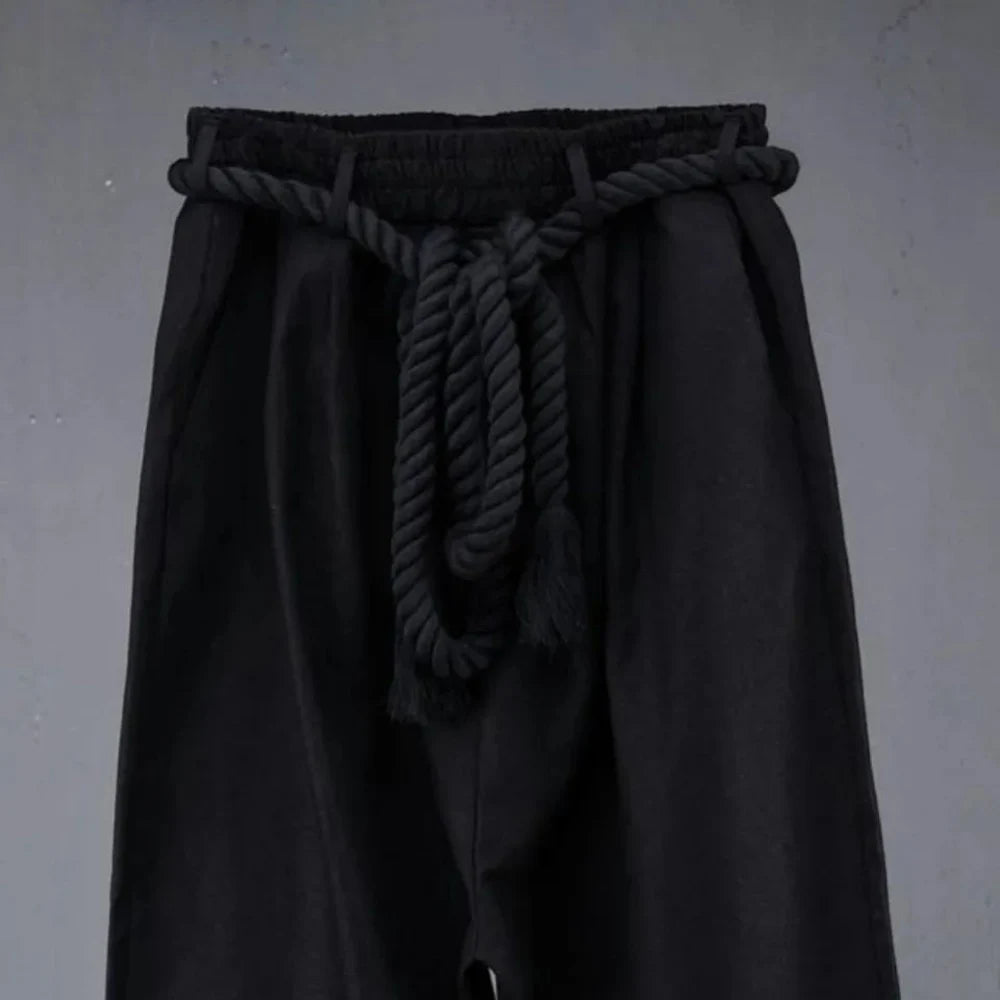 Pantalon sarouel d'été en lin noir pour hommes, Baggy de scène avec ceinture en corde, style gothique Punk Hip Hop, jogging, vêtements de rue